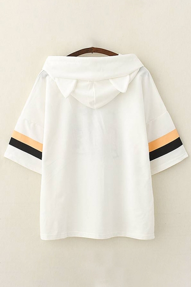Japanese Letter Dog Embroidery Striped Short Sleeve Hooded Drawstring Loose Fit Fancy Tee Top for Girls