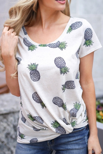 Leisure Womens All over Pineapple Printed Short Sleeve Round Neck Twist Hem Loose T-shirt in White