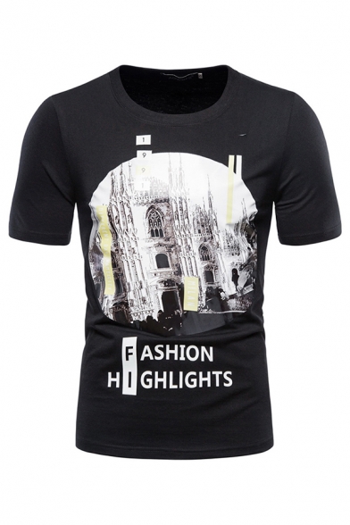 Letter Fashion Highlights Building Graphic Short Sleeve Crew Neck Fitted Popular Tee Top for Guys