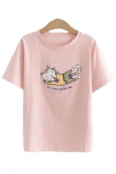 Letter So Happy To Do Cat Embroidered Short Sleeve Crew Neck Loose Fit Popular Tee Top for Women
