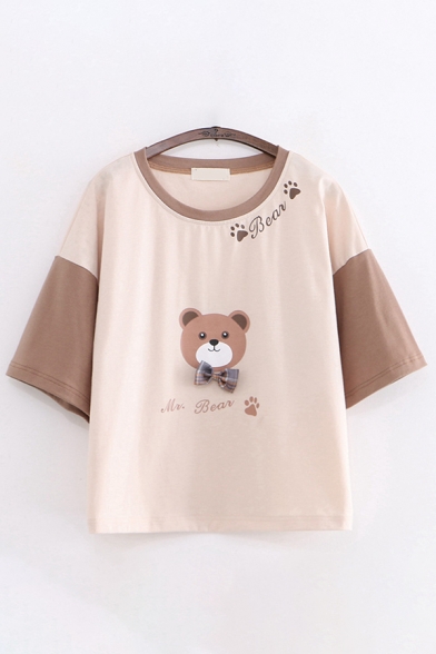 Lovely Girls Letter Bear Graphic Contrasted Short Sleeve Round Neck Bow Tie Panel Loose T Shirt in Khaki