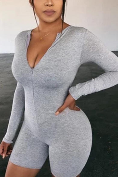 Sexy Ladies Solid Color Long Sleeve Zipper Front Slim Fit Stretchy Rompers