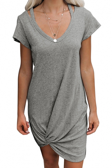 Simple Ladies Solid Color Short Sleeve V-neck Twist Hem Short Shift T-shirt Dress