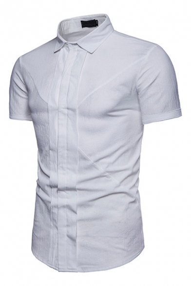 Simple Mens Plain Pleated Button down Spread Collar Short Sleeve Slim Fit Shirt