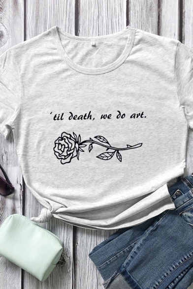 Simple Womens Letter Til Death We Do Art Rose Graphic Short Sleeve Crew Neck Loose T Shirt