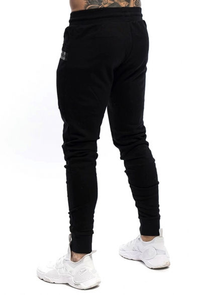 Sporty Mens Zipper Pocket Pleated Drawstring Cuffed Mid Rise Slim Fitted Ankle Length Jogger Pants