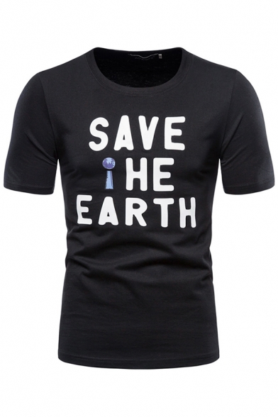 Stylish Guys Letter Save The Earth Printed Short Sleeve Crew Neck Slim Fitted T-shirt