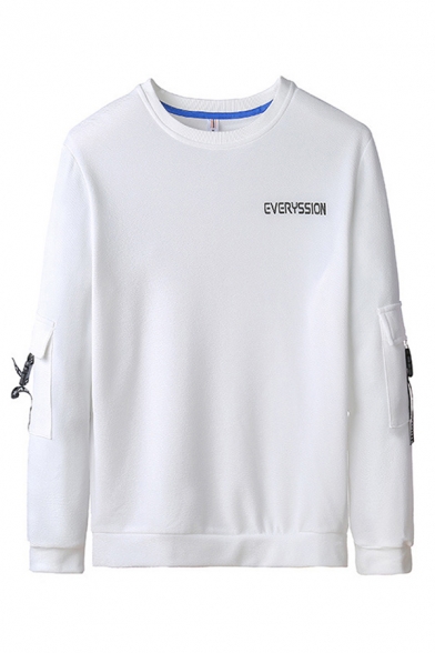 Stylish Letter Everyssion Printed Flap Pockets Long Sleeve Round Neck Relaxed Pullover Sweatshirt for Guys