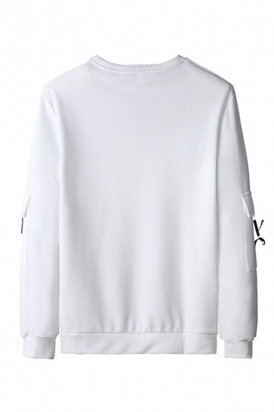 Stylish Letter Everyssion Printed Flap Pockets Long Sleeve Round Neck Relaxed Pullover Sweatshirt for Guys