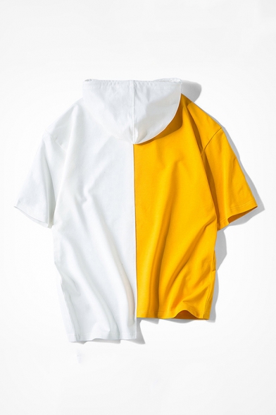 Trendy Mens Patchwork Letter Rather Do Would Printed Applique Hooded Asymmetric Hem Short Sleeve Crew Neck Regular Fit T-Shirt