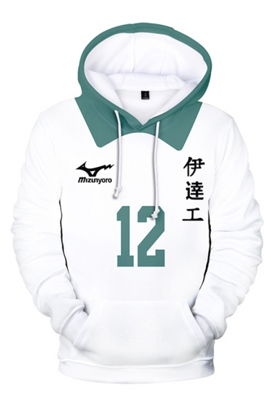 Trendy Mens White Contrasted Letter Number 3D Cosplay Print Long Sleeve Drawstring Kangaroo Pocket Relaxed Hoodie