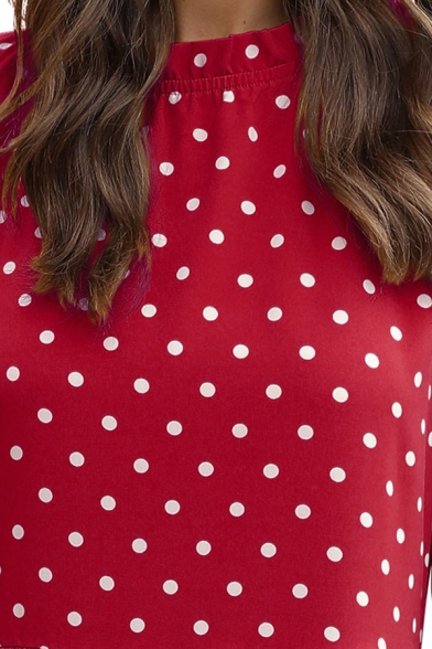 Trendy Womens Polka Dot Printed Sleeveless Crew Neck Ruffled Trim Midi A-line Dress