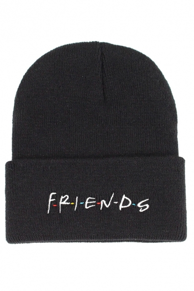 Warm Letter Friends Embroidered Casual Beanie in Black