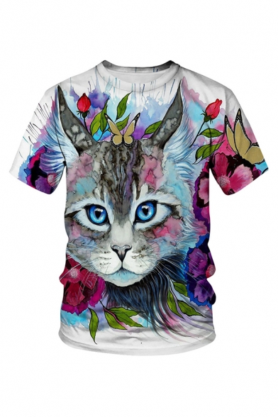 White 3D Colorful Animal Print Short Sleeve Crew Neck Slim Fit Creative T Shirt for Guys