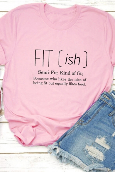 Womens Leisure Letter Fitish Printed Rolled Short Sleeve Crew Neck Regular Fitted T Shirt