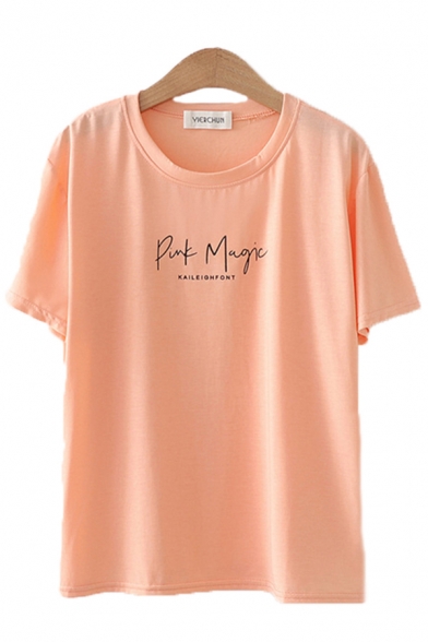 Basic Womens Letter Pink Magic Printed Short Sleeve Round Neck Relaxed Fit T-shirt