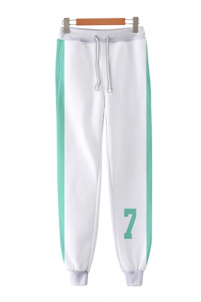 Chic Number Printed Contrasted Drawstring Waist Ankle Length Cuffed Tapered-fit Sweatpants in White
