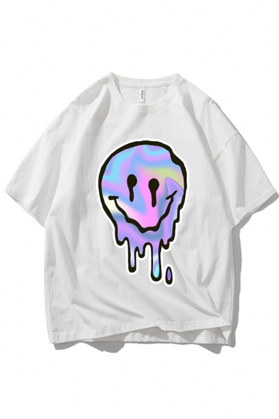 Dripping Cartoon Face Printed Short Sleeve Crew Neck Loose Fit Popular Tee for Boys