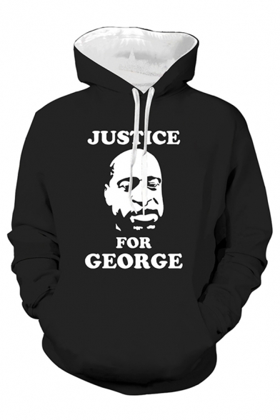 Fashion Boys Letter Justice for George Figure Graphic Long Sleeve Drawstring Pouch Pocket Loose Hoodie