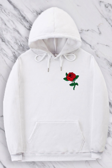 Leisure Boys Rose Printed Long Sleeve Drawsring Rose Printed Pouch Pocket Relaxed Hoodie