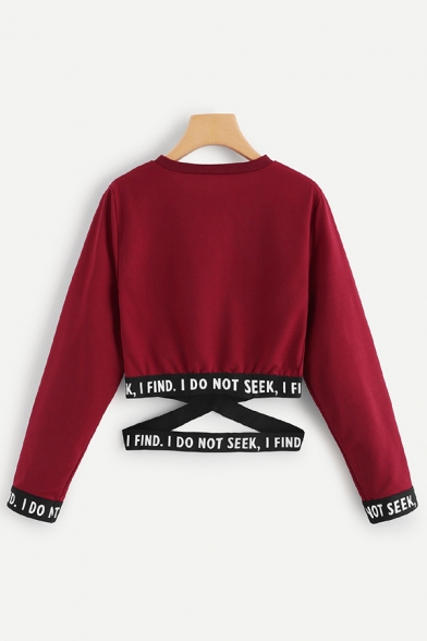 Letter I Find I Do Not Seek Printed Crisscross Tape Panel Long Sleeve Crew Neck Relaxed Crop Chic Pullover Sweatshirt for Girls