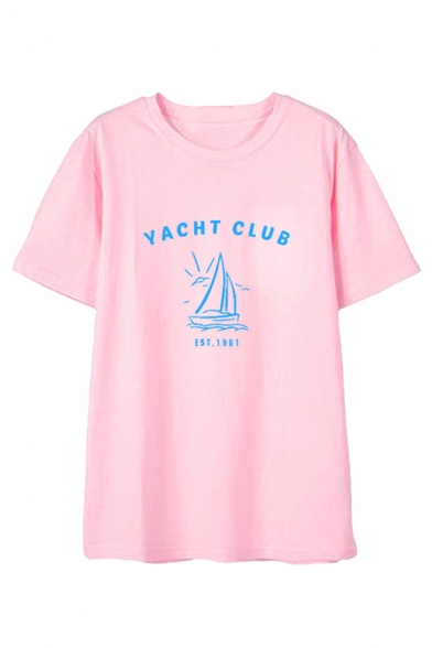 Letter Yacht Club Boat Graphic Short Sleeve Crew Neck Relaxed Fitted T-shirt for Girls