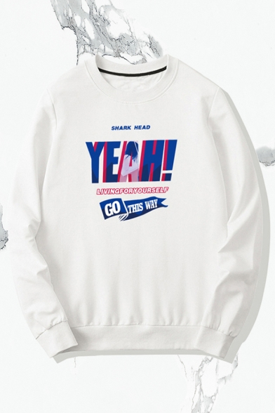 Letter Yeah Printed Long Sleeve Crew Neck Loose Fit Street Pullover Sweatshirt for Guys