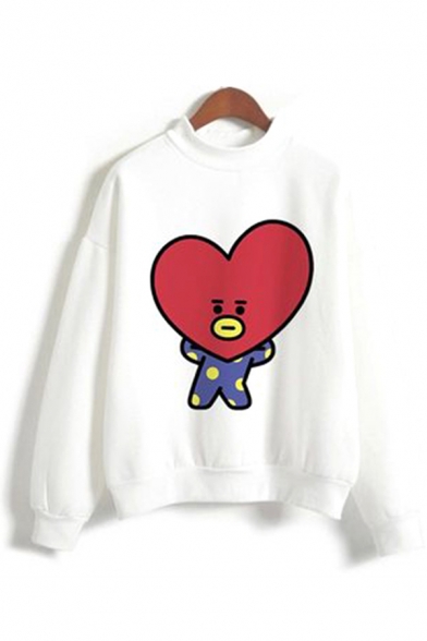 Lovely Girls Cartoon Printed Long Sleeve Mock Neck Relaxed Pullover Sweatshirt in White