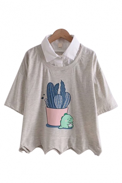 Preppy Girls False Two Piece Cartoon Cactus Pattern Short Sleeve Turn-down Collar Scalloped Loose T-shirt