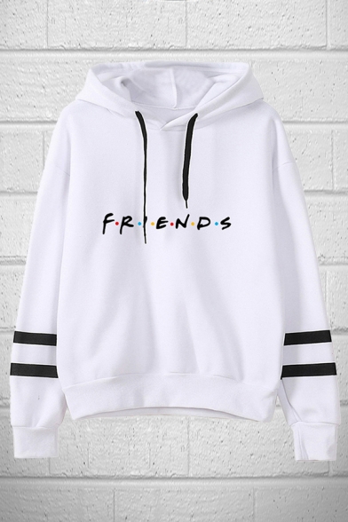 Pretty Looks Letter Friends Cartoon Figure Graphic Varsity Striped Long Sleeve Drawstring Relaxed Hoodie for Boys