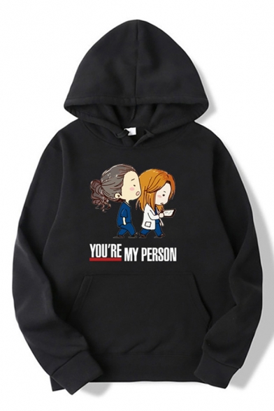 Stylish Boys Letter You're My Person Cartoon Figure Graphic Long Sleeve Kangaroo Pocket Relaxed Hoodie