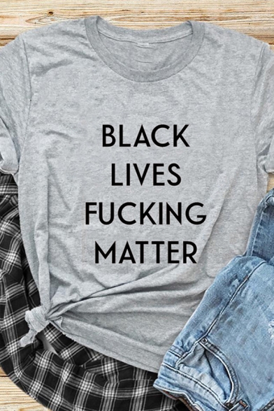 Stylish Womens Letter Black Lives Fucking Matter Printed Short Sleeve Crew Neck Loose Tee Top