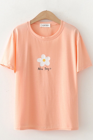 Stylish Womens Letter Nice Day Flower Graphic Short Sleeve Round Neck Loose Fit Tee Top