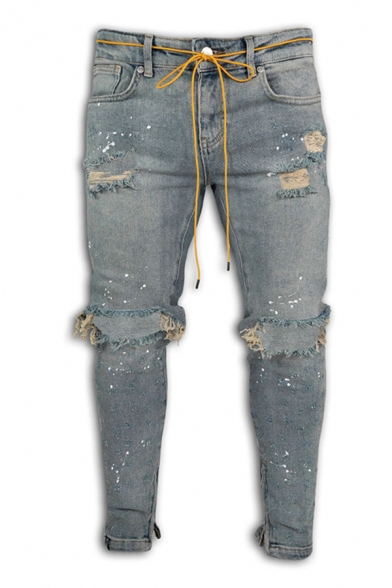 Chic Boys Distressed Paint Splashed Bow Tie Waist Ankle Skinny Jeans