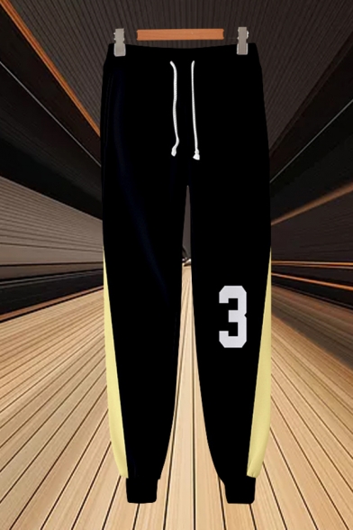 Cool Boys Number 3D Cosplay Printed Contrasted Drawstring Waist Ankle Length Cuffed Tapered Fit Sweatpants in Black