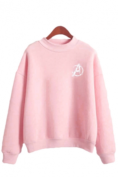 Cool Girls Letter A Printed Long Sleeve Mock Neck Relaxed Fit Pullover Sweatshirt
