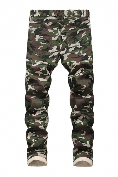Cool Mens Camo Pattern Zipper Pocket Mid Rise Slim Fitted Full Length Jeans