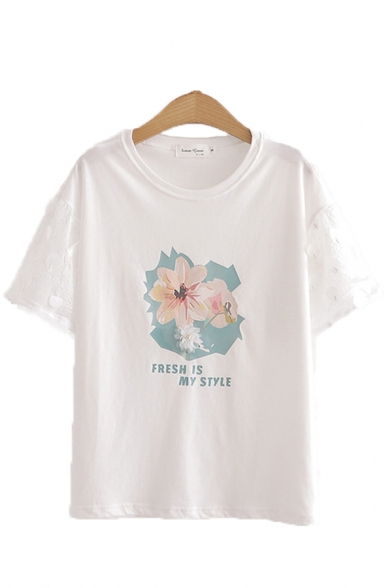 Fashion Girls Letter Fresh Is My Style Flower Graphic Lace Patched Short Sleeves Round Neck Relaxed T Shirt in White