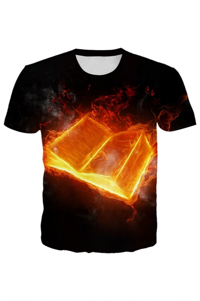 Flame Book 3D Printed Short Sleeve Crew Neck Loose Fit Stylish T Shirt for Men