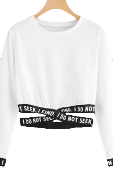 Letter I Find I Do Not Seek Printed Crisscross Tape Panel Long Sleeve Crew Neck Relaxed Crop Chic Pullover Sweatshirt For Girls Beautifulhalo Com
