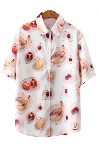 Mixed Cartoon Fruit Graphic Short Sleeve Turn-down Collar Button down Curved Hem Loose Popular Shirt in White