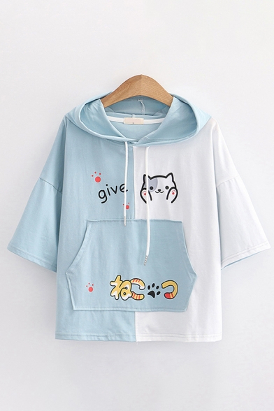 Preppy Girls Color Block Three Quarter Sleeves Hooded Drawstring Letter Give Cat Graphic Pouch Pocket Relaxed T-Shirt
