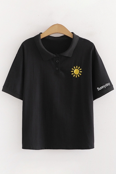 Preppy Looks Letter Sunny Day Sun Embroidered Short Sleeve Spread Collar Button up Relaxed Polo Shirt