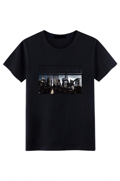 Street Boys Letter Black City Graphic Short Sleeve Round Neck Loose Tee Top