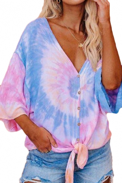 Tie-dye Pattern 3/4 Sleeves V-neck Bow Tie Hem Loose Fit Stylish Shirt Top for Women