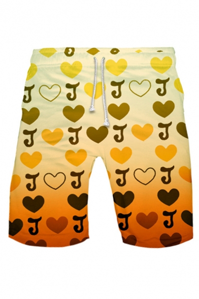 Yellow All over Letter J Heart Graphic Ombre Drawstring Waist Slim Fit Leisure Shorts for Women