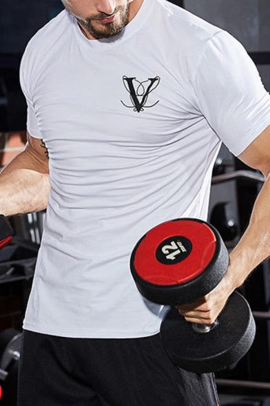 Bodybuilding Short Sleeve Crew Neck Letter V Print Slim Fit T-shirt for Guys