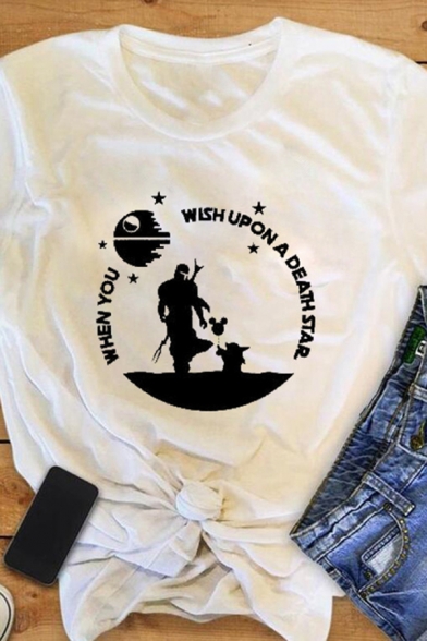 Chic Girls Letter When You Wish Upon A Death Star Graphic Rolled Short Sleeve Crew Neck Fitted T-shirt