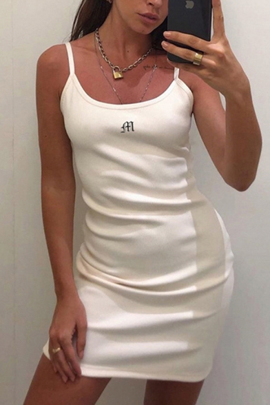 Classic Womens Letter M Embroidered Spaghetti Neck Sleeveless Slip Dress in White