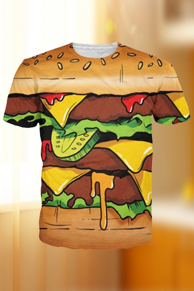 Creative Boys Hamburger 3D Pattern Short Sleeve Crew Neck Regular Fit Tee Top in Khaki